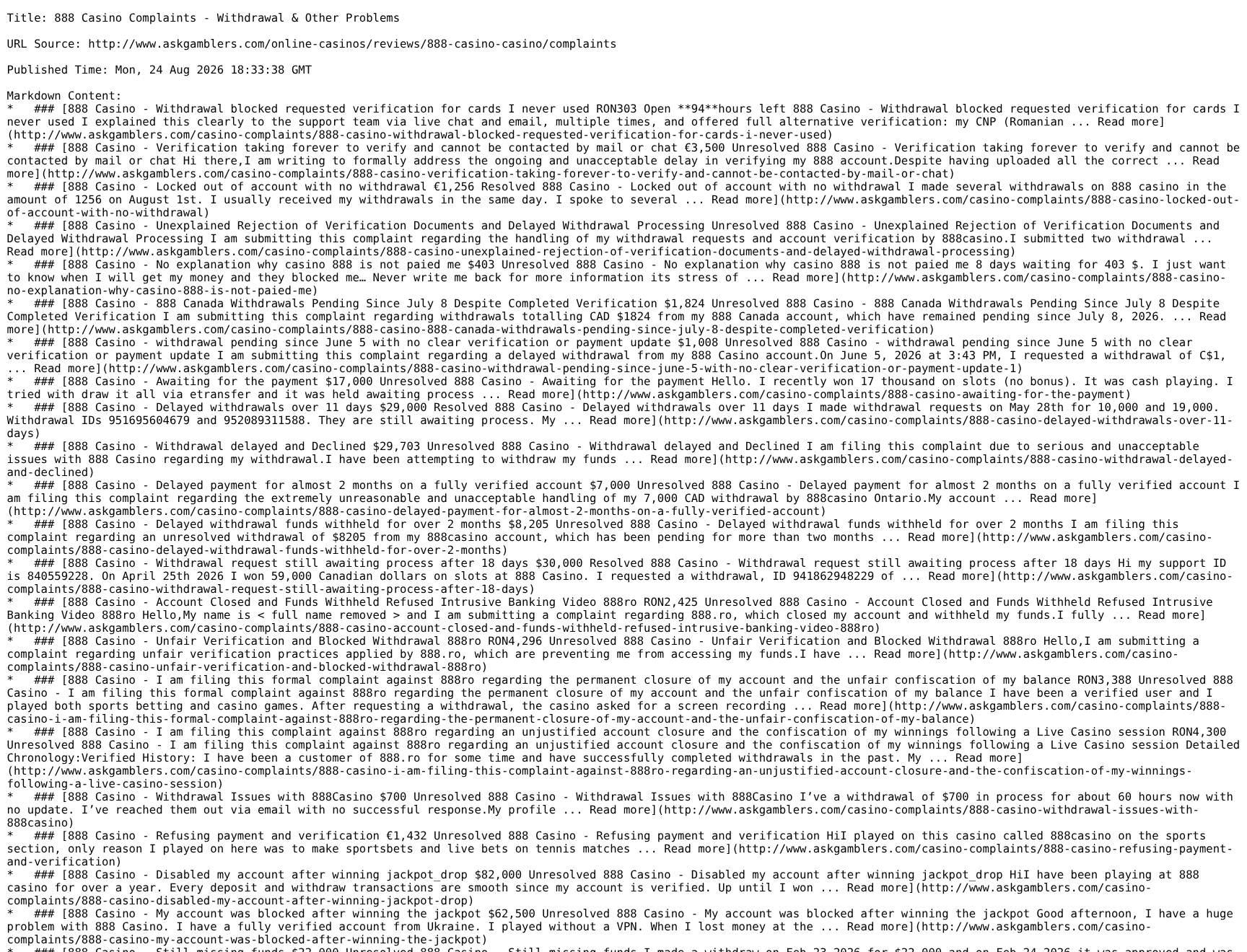 Capture identifying the AskGamblers complaint listing for 888 Casino