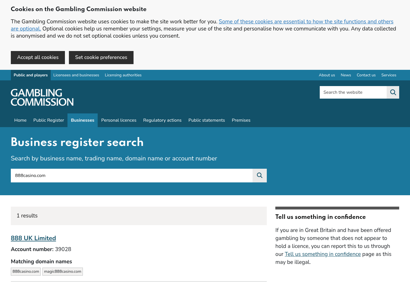 Capture of the UK Gambling Commission register search for 888casino.com