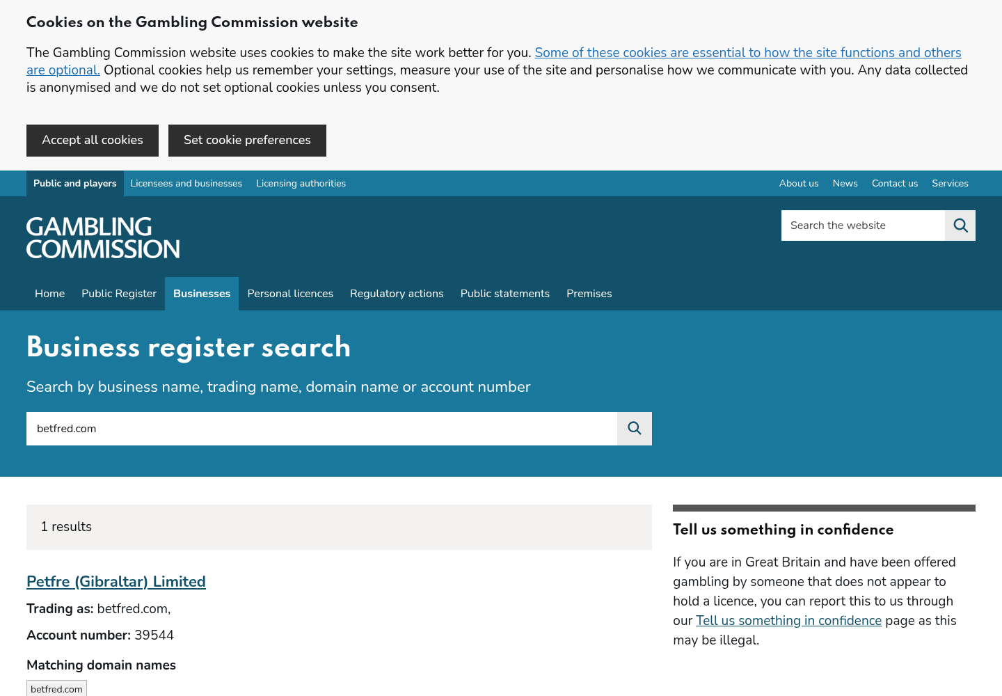Public-register search capture for betfred.com