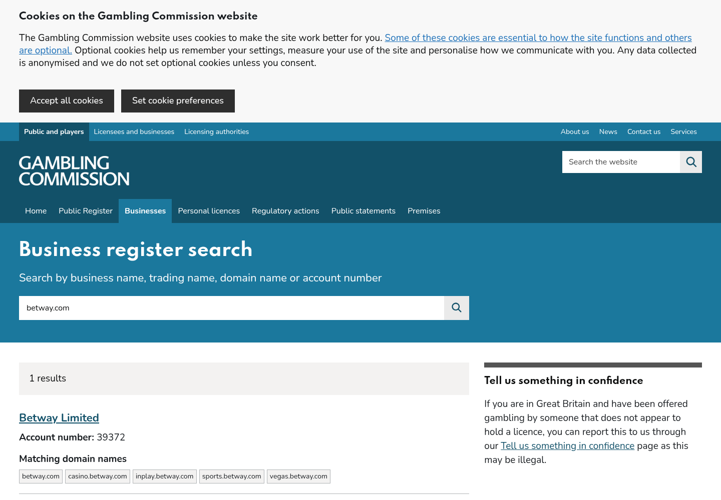 Capture of the UK Gambling Commission search result for betway.com