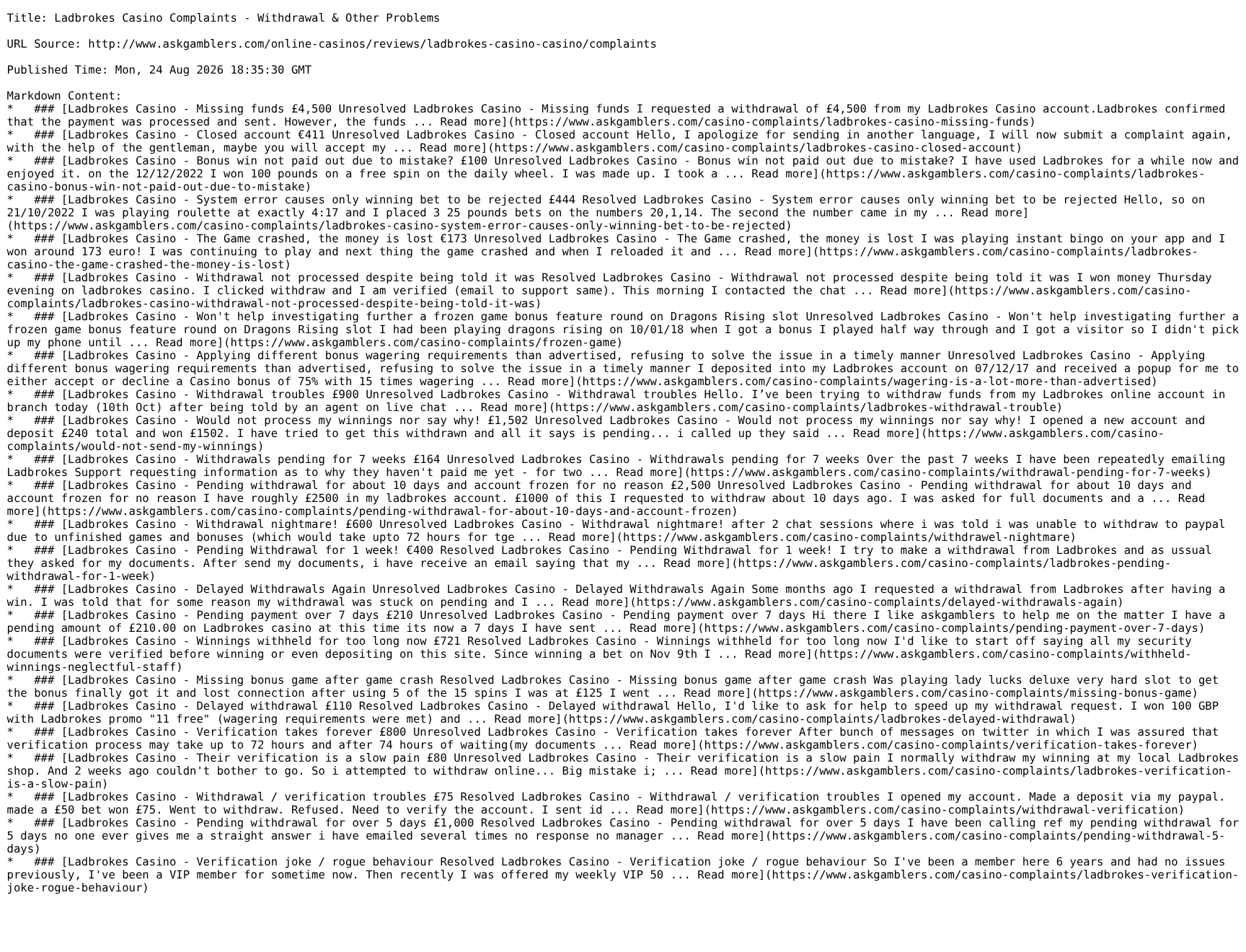 Capture identifying the AskGamblers complaint-list location for Ladbrokes