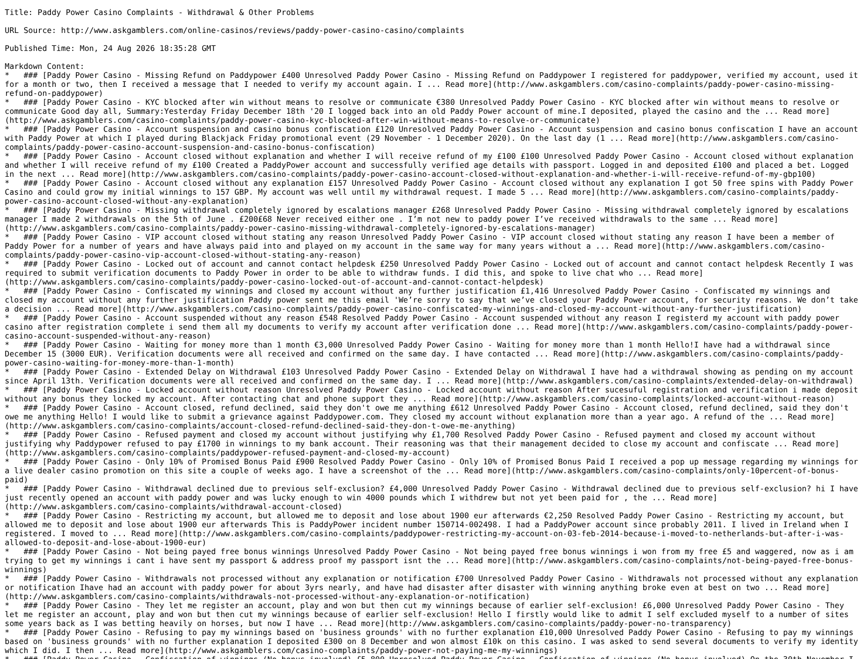 Capture identifying the AskGamblers complaint listing for Paddy Power