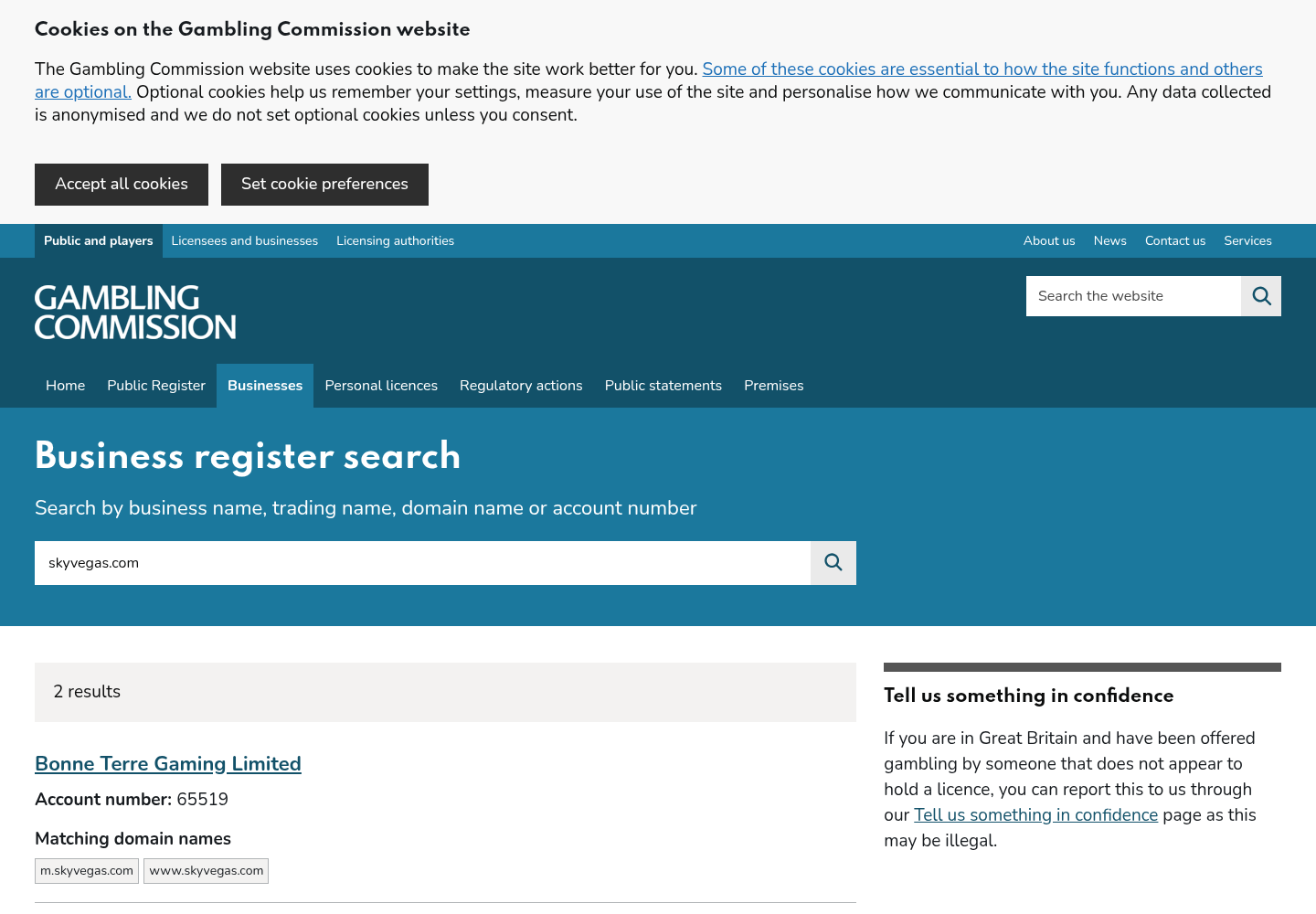 Capture of the exact-domain UK Gambling Commission record