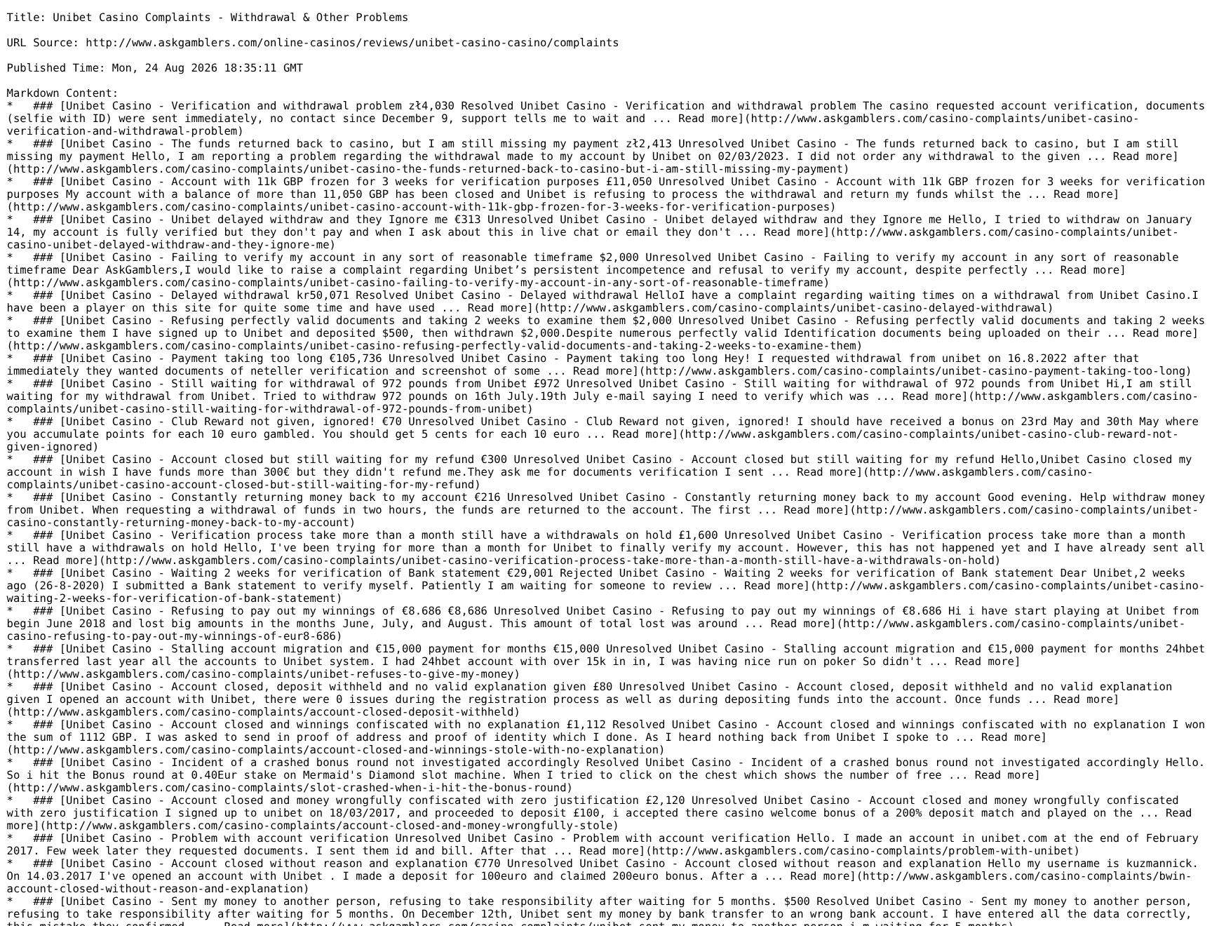 Reader capture of the independent complaint index for the Unibet casino brand