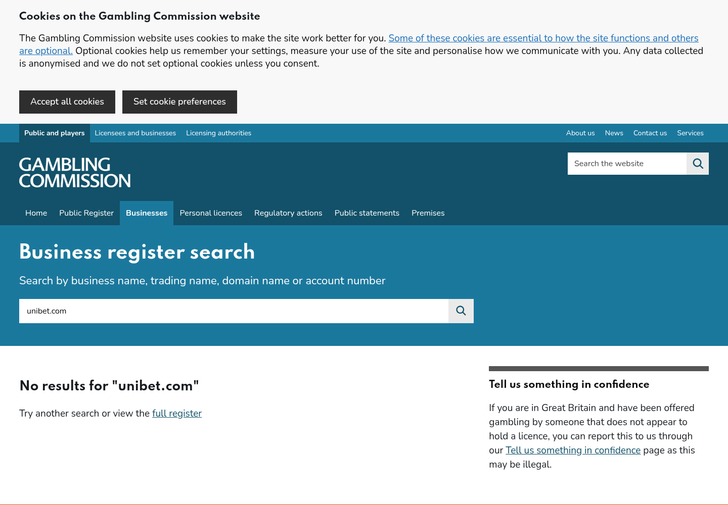 Capture of the public business-register search made against unibet.com
