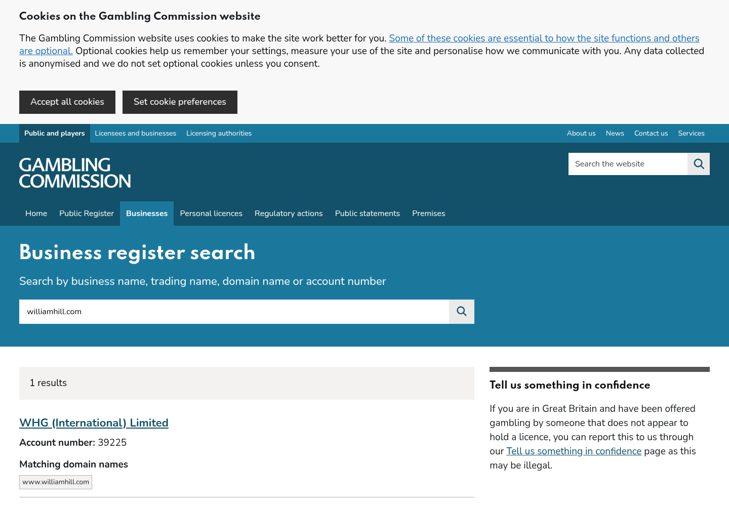 Capture of the UK Gambling Commission search for the exact William Hill domain